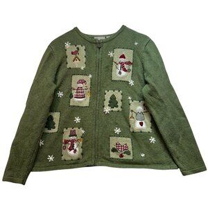 Croft & Barrow Womens Christmas Zip Up Cardigan Sweater Long Sleeve Size L Green